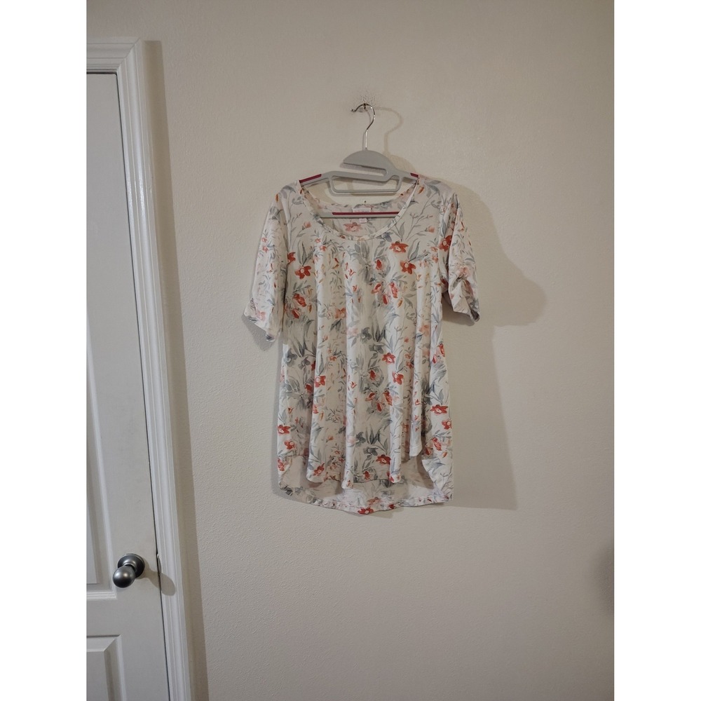LuLaRoe Irma Tunic Top Womens Small Floral Cream Orange Blue High Low Scoop Neck